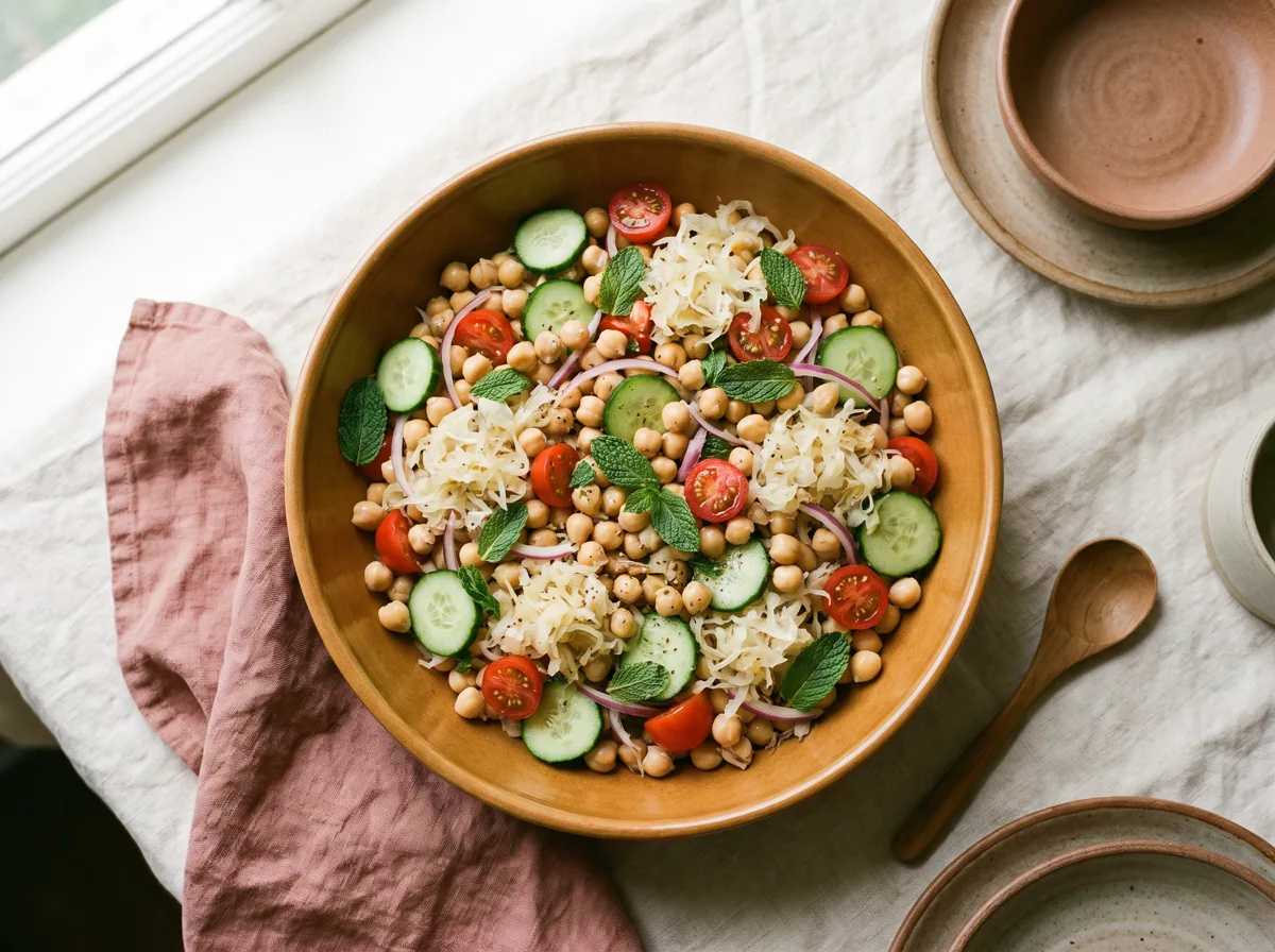 Ensalada de garbanzos con chucrut y hierbabuena